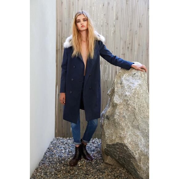 Jenni Kayne Navy Blue Fur Collar Button Front Mid Length Coat Size Medium